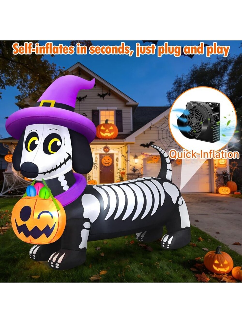 🎃 5FT Skeleton Dachshund Weiner Dog Halloween Inflatables Outdoor Decorations - Picture 5 of 6